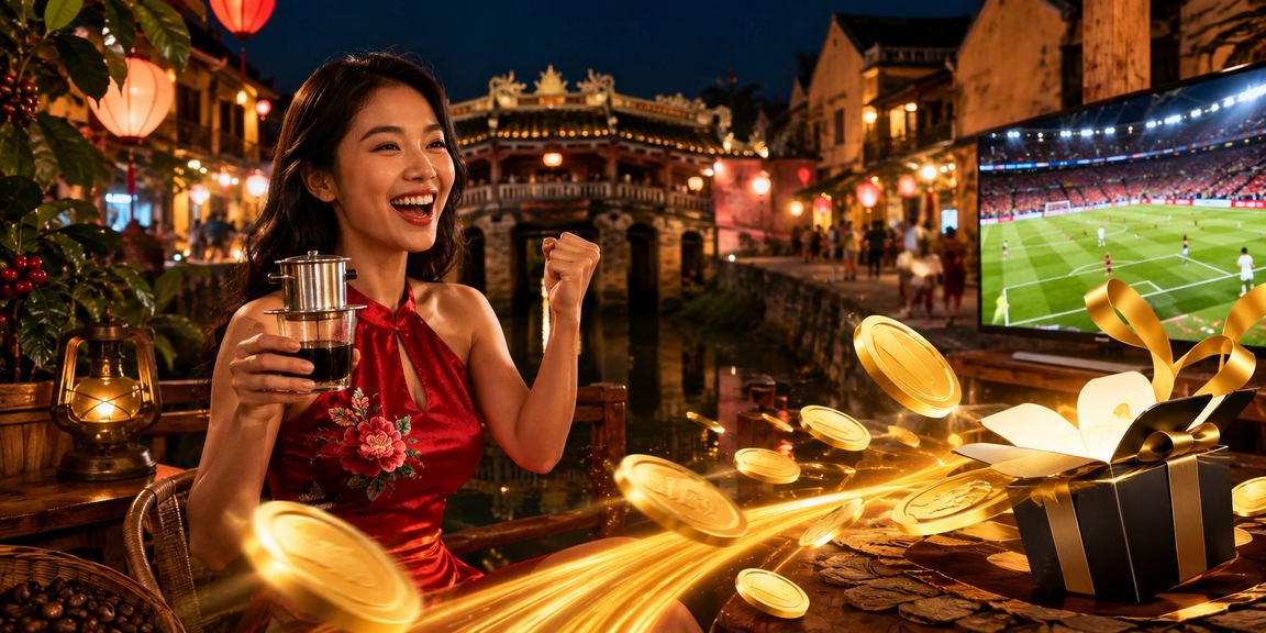 Người dùng Hội An xem thông tin khuyến mãi VIP trên điện thoại bên ly cà phê